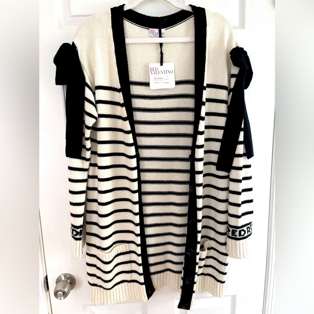 Red Valentino Bow-embellished striped knitted cardigan.